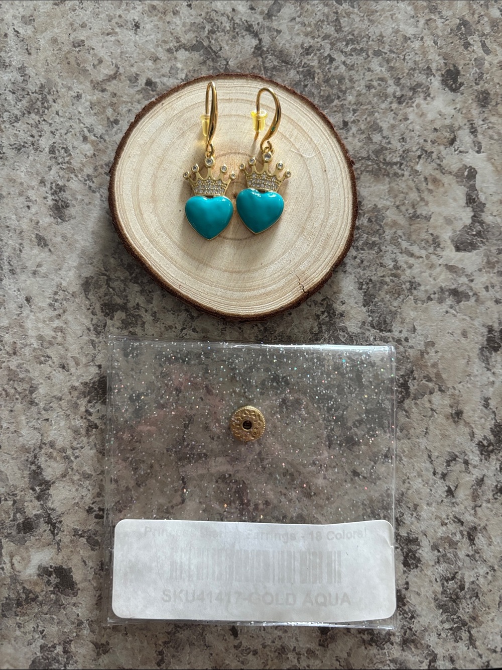 Gold Crown Heart Drop Earrings with Aqua Hearts